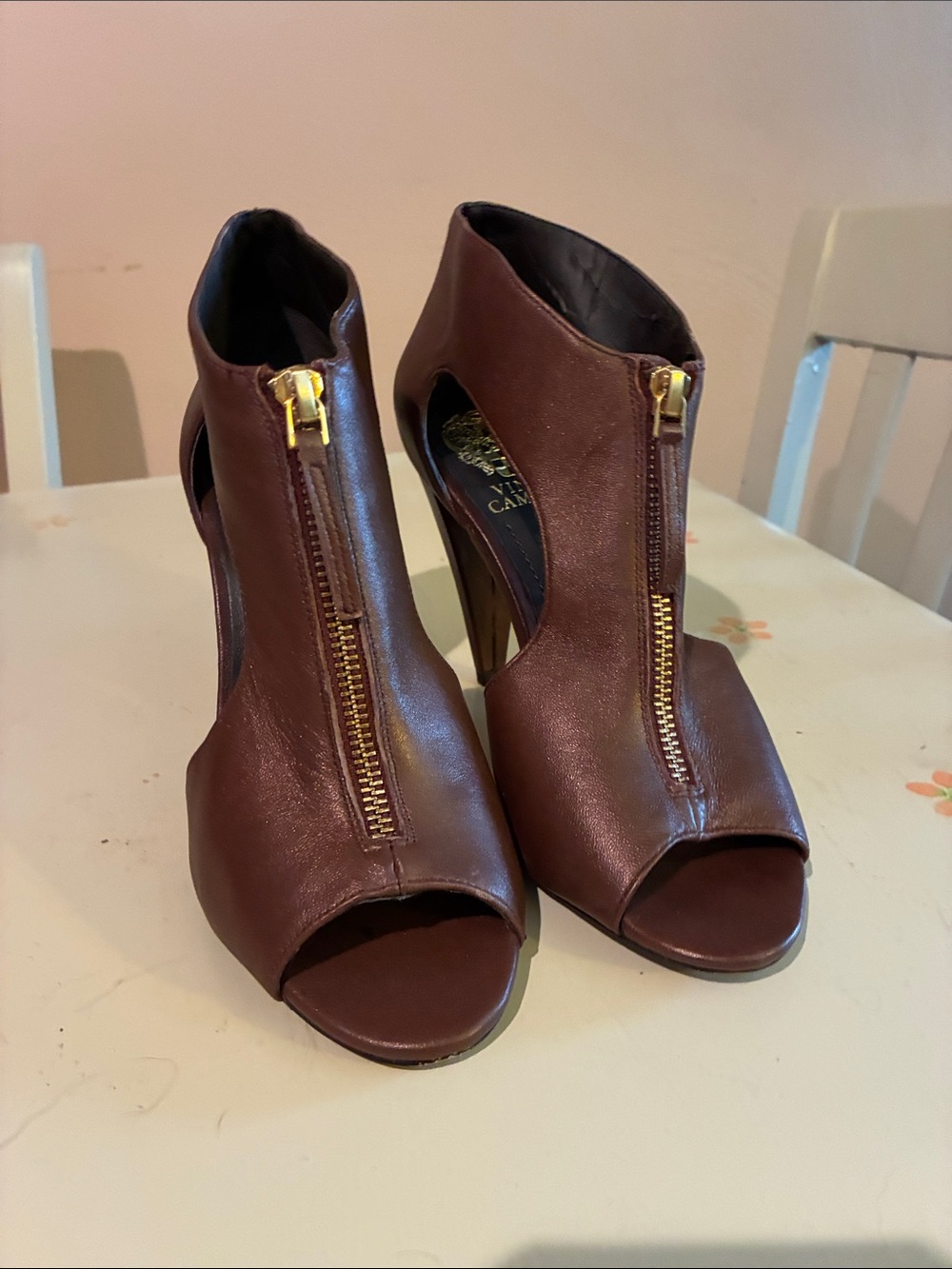Peep-Toe Front-Zip High Heel Booties - Brown